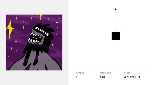 A digital art auction interface displays a dark purple illustration of a horned, fanged creature with glowing eyes, listed with an opening bid of $10 and one patron.