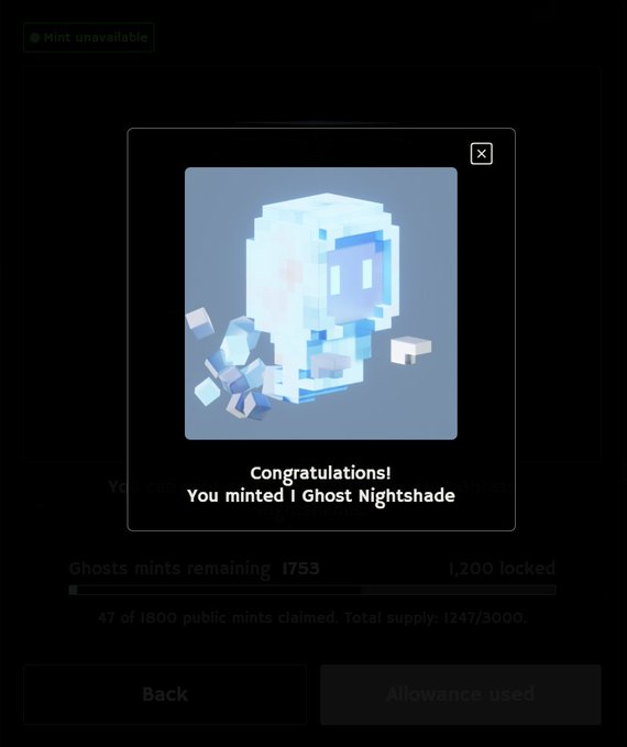 A celebratory modal confirms the successful minting of a Ghost Nightshade NFT, showing 1,753 mints remaining and 47 of 1,800 public mints claimed. The pixelated ghost character and "Allowance used" button visually reinforce the user's excitement about securing their new digital collectible.