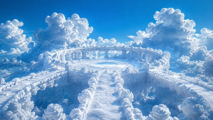 A dreamlike fantasy scene of a cloud-shaped colosseum or arena set against a bright blue sky.