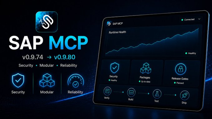 A promotional graphic for "SAP MCP" software version v0.9.74 → v0.9.80, highlighting features of Security, Modular, and Reliability, with a dashboard showing Runtime Health and a workflow of Verify, Build, Test, and Ship.