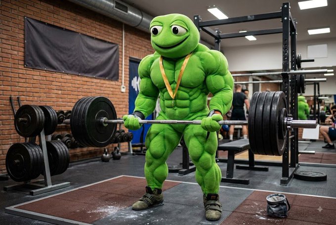 A muscular anthropomorphic green frog mascot, wearing a gold medal, deadlifts a heavily loaded barbell in a gym setting — visually personifying the "GIGATOAD" theme of strength and early market opportunity highlighted in the post.