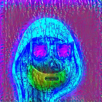 A vibrant, stylized digital portrait of a hooded figure wearing sunglasses and a yellow face mask, rendered in bright blues, magentas, and yellows with a textured, painterly effect.
