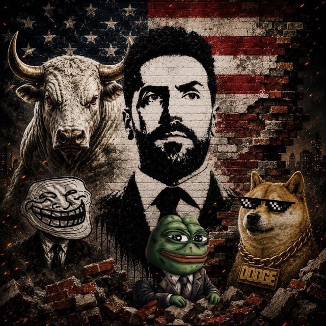 A dark artistic illustration features a bearded man against a weathered American flag, flanked by a bull, a trollface, a Pepe frog, and a Doge wearing pixel sunglasses and a 'DODGE' chain.
