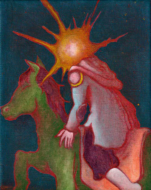The image shows a painting of a man riding a horse with an orange shirt, which creates a distinct red contrast against the blue background. The sun appears to be shining directly off the horse's head as if it were a radiant light source in the sky. Additionally, there is a small green figure present within the painting. The post suggests that this artwork might be an original piece by @iamleeaux and has been purchased for over $500.