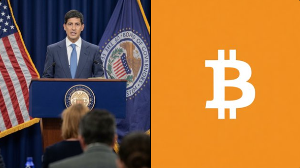 The image shows a man at a Federal Reserve podium beside a large Bitcoin logo on an orange background, accompanying a post warning that the upcoming FOMC decision and Fed Chair Powell's tone could significantly impact crypto markets.