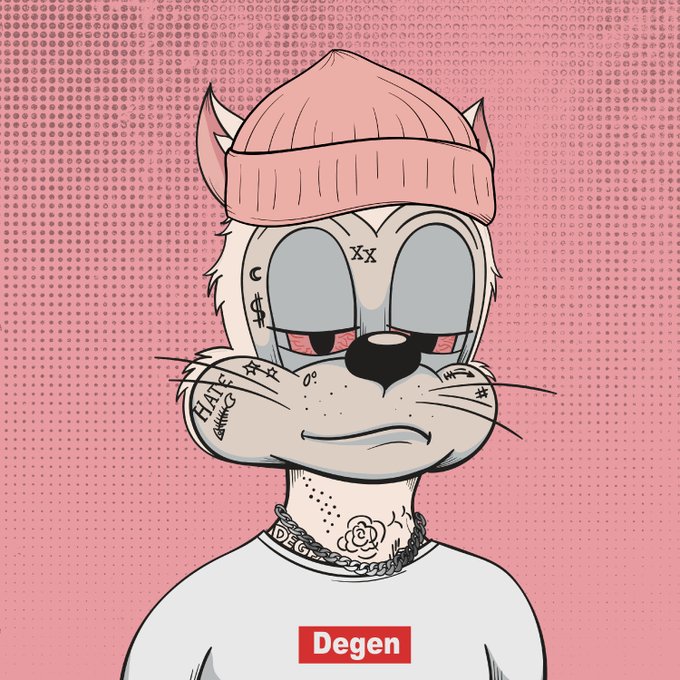 An illustration of a white cartoon cat wearing a pink beanie and a white shirt, with tattoos including 'Degen' on its chest and various symbols on its face.