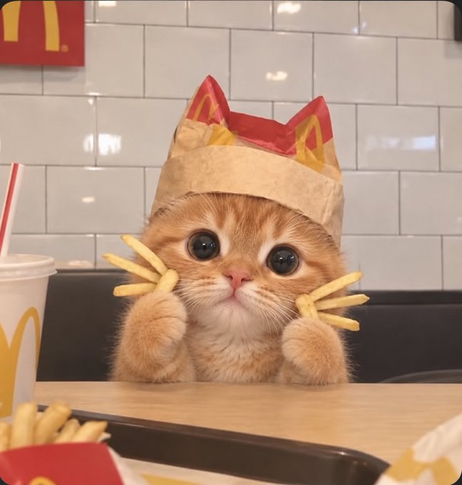 An adorable orange kitten wearing a McDonald's paper bag as a hat, holding french fries as whiskers in its paws.