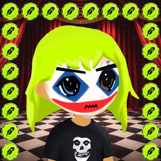 A digital drawing features a character with bright green hair, a skull t-shirt, and clown-like face paint, framed by a border of green eye icons against a red curtain backdrop.