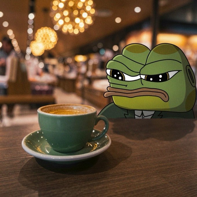 A composite image showing a green cup of espresso on a saucer on a wooden table, with a sad Pepe the Frog character superimposed in a blurred cafe background.