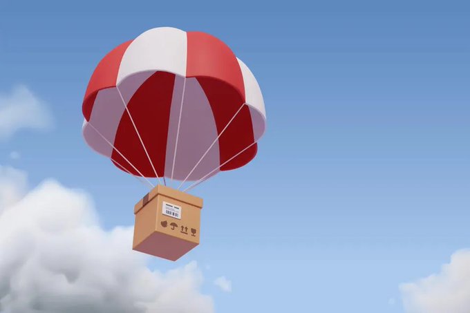 A 3D rendered red and white striped parachute delivers a cardboard box through a blue sky with white clouds.