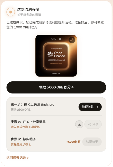 A notification card showing "达到流行度" (Popularity Reached) for the ORO x Ondo Finance partnership activity, featuring a black and gold "Fluency Reached" badge displaying "Ondo Finance - 5,000 ORO Points earned" with a claim button for 5,000 ORE points, followed by a three-step task list (follow @ask_oro on X for 2,500 ORE, share post, and verify wallet for 1,000 stones) — illustrating the post's promotion of the $ORO and Ondo co-branded airdrop quest that offers 8,500 total points at zero cost.