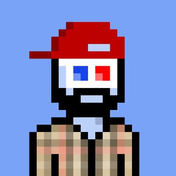 A simple pixel-art portrait of a bearded character wearing a red cap, with mismatched red and blue eyes, set against a blue background.