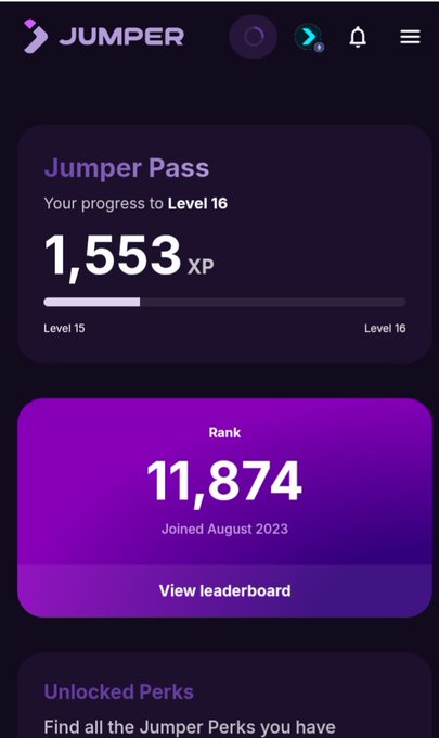 A mobile app screenshot from 'JUMPER' showing 'Jumper Pass' progress at 1,553 XP toward Level 16, with a Rank of 11,874 and a 'Joined August 2023' label on a purple interface.
