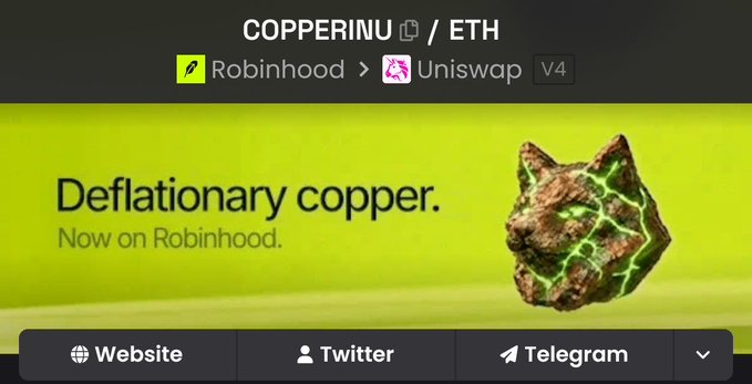 A promotional graphic or webpage banner for the cryptocurrency 'COPPERINU' on the ETH network, describing it as 'Deflationary copper' and now available on Robinhood and Uniswap.