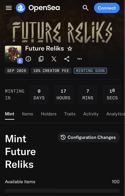 An OpenSea mobile page for a project called 'Future Reliks' showing a minting countdown of 0 days, 17 hours, 7 minutes, 16 seconds, with 100 available items.