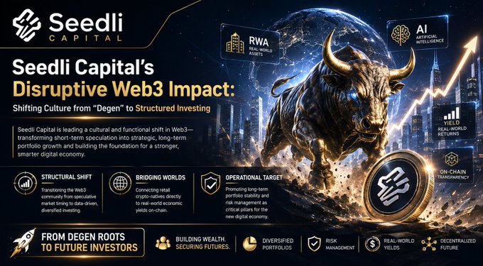 A promotional banner for 'Seedli Capital' titled 'Disruptive Web3 Impact: Shifting Culture from "Degen" to Structured Investing,' featuring a charging metallic bull and sections highlighting RWA, AI, and structural shift initiatives.