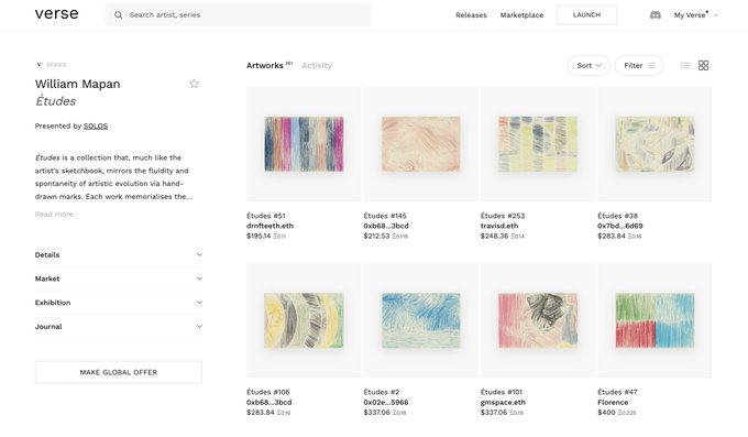The image shows a website called Verses, which features an art gallery showcasing various paintings by William Mapan. The website has a clean and modern design with white background and black text elements. There are multiple paintings displayed across different sections of the page, each accompanied by a description or artist information. The post about William Mapan's works on Ethereum is located in the bottom right corner of the image.