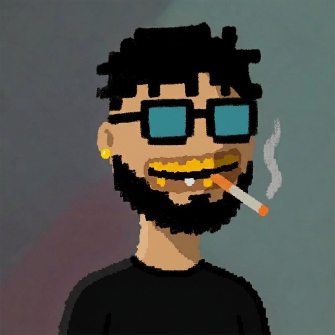A pixel art portrait of a bearded man wearing gold grills, blue-tinted square glasses, and a gold earring while smoking a cigarette, matching the laid-back, confident vibe of the cheerful "GM GM GEEE EEEM" greeting.