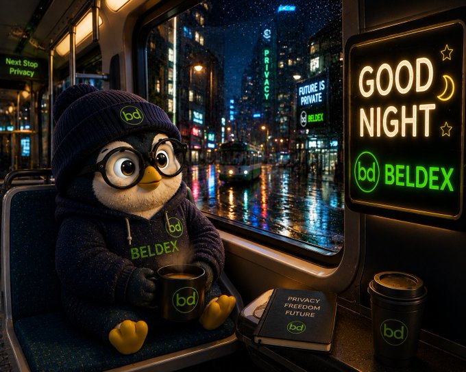 An anthropomorphic penguin mascot wearing a beanie, glasses, and a 'BELDEX' hoodie, sitting on a bus at night holding a coffee mug; a digital ad reads 'GOOD NIGHT BELDEX' and 'FUTURE IS PRIVATE.'