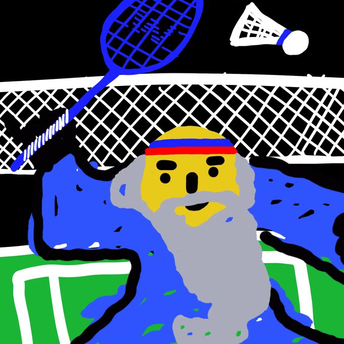 A crude MS Paint-style drawing of a bearded figure with a yellow face, red headband, and blue head covering, holding a blue tennis racket in front of a black-and-white chain-link fence with a shuttlecock in the corner.