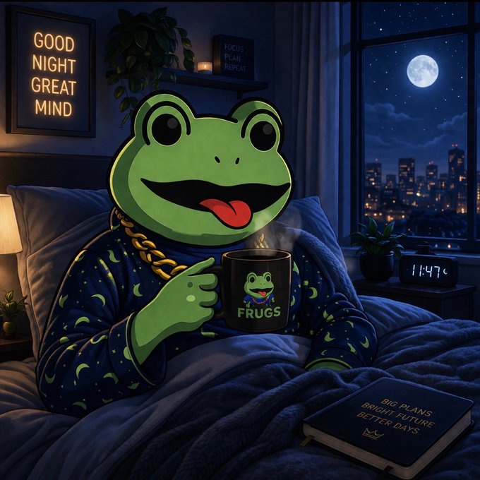 A digital illustration of a green cartoon frog with a gold chain wearing moon-patterned pajamas, sitting in bed holding a 'FRUGS' mug, with a 'GOOD NIGHT GREAT MIND' sign on the wall.