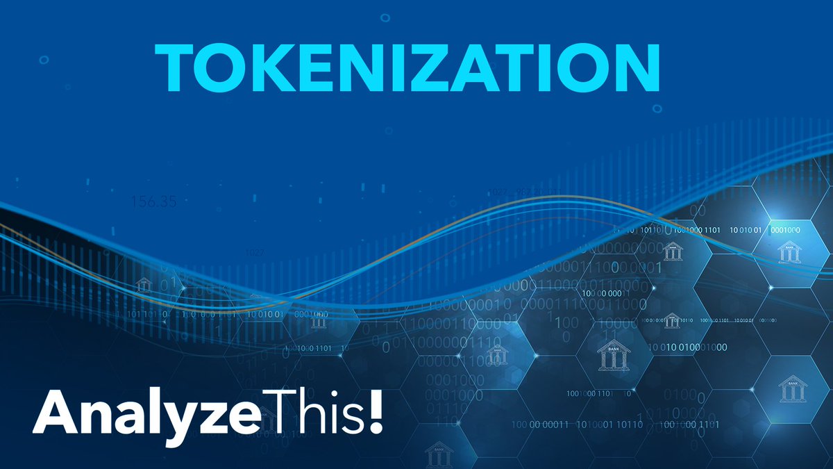 A dark blue digital graphic titled "TOKENIZATION" in bold cyan letters at the top, with flowing wave-like lines, binary code, hexagonal patterns, and small bank building icons scattered throughout the design. The "AnalyzeThis!" logo appears in the bottom-left corner, and the post relates the image to the IMF's recent discussion of tokenization and programmable money, suggesting XRP is already operating the infrastructure they describe.