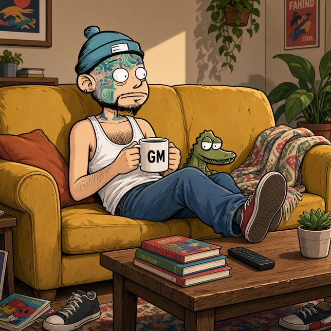 An illustrated cartoon scene of a tattooed man wearing a blue beanie and white tank top sitting on a yellow couch holding a 'GM' mug, with a dinosaur plush toy beside him.