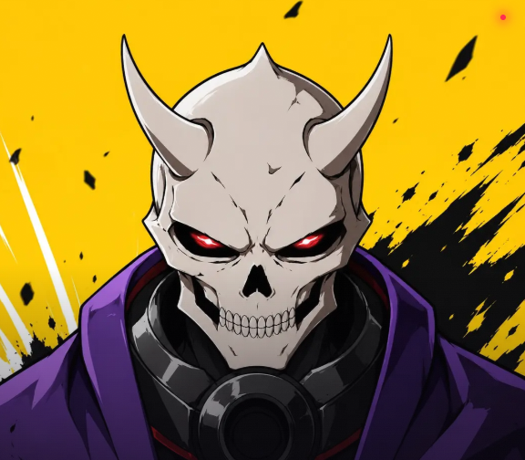 An anime-style illustration of a menacing horned skull character with glowing red eyes and a purple hooded cloak against a yellow background.