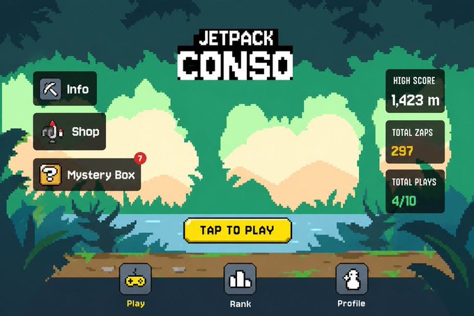 The main menu of the pixel-art mobile game 'JETPACK CONSO,' displaying a high score of 1,423m, 297 total zaps, and 4/10 total plays, with a central 'TAP TO PLAY' button.