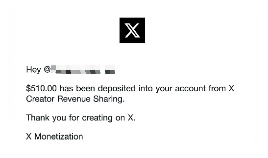 An X (formerly Twitter) Creator Revenue Sharing notification shows that $510.00 has been deposited into the user's account.