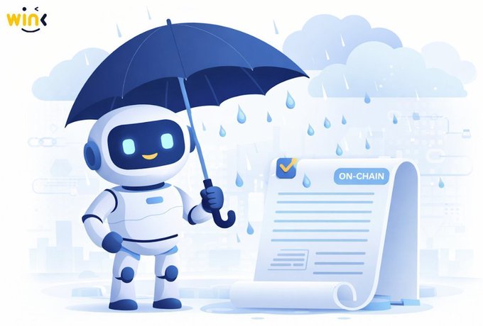 An illustration branded with 'wink' logo shows a cute white and blue robot mascot holding a blue umbrella over an 'ON-CHAIN' document while rain falls from cloudy skies in a stylized digital cityscape.