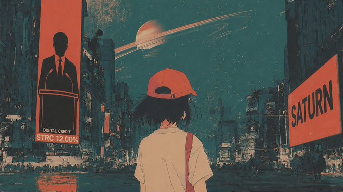 An anime-style illustration of a person with a red cap looking toward Saturn, with red digital billboards displaying a silhouetted figure and the text "SATURN" and "DIGITAL CREDIT STRC 12.00%."