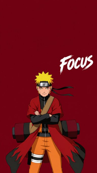 An anime character with spiky blonde hair wearing a red cloak stands with crossed arms on a dark red background, with the word "FOCUS" written beside.