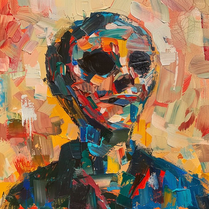 An abstract, colorful oil painting portrait of a face using thick brushstrokes in shades of blue, red, pink, yellow, and green.