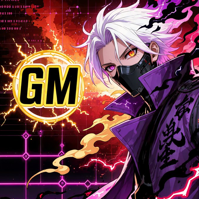 Anime-style illustration of a white-haired character with heterochromatic eyes wearing a face mask and dark purple jacket, alongside a glowing yellow 'GM' logo against a digital red and purple background with binary code.