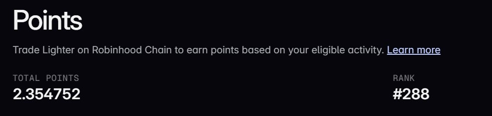 The image shows a "Points" dashboard for the Lighter.xyz campaign on Robinhood Chain, displaying a total of 2.354752 points and a rank of #288. This aligns with the post highlighting how low competition currently allows users to rank under 300 with minimal points, emphasizing the early opportunity to accumulate points from trading activity in the 25M $LIT campaign.