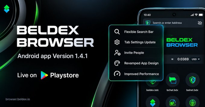 A promotional banner for 'BELDEX BROWSER Android app Version 1.4.1' indicating it is 'Live on Playstore', showing a smartphone interface with features like Flexible Search Bar, Tab Settings Update, Invite People, Revamped App Design, and Improved Performance.