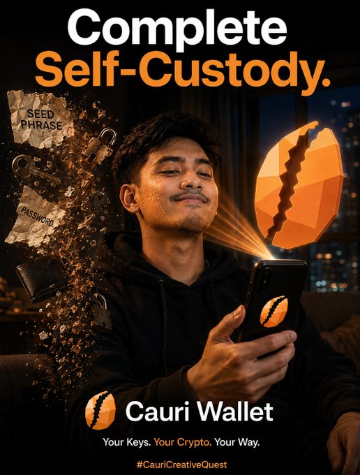 Advertisement for Cauri Wallet featuring a man holding a phone with an orange gem icon, with text 'Complete Self-Custody,' 'Cauri Wallet,' 'Your Keys. Your Crypto. Your Way,' and hashtag '#CauriCreativeQuest,' alongside crumbling seed phrase and password papers.
