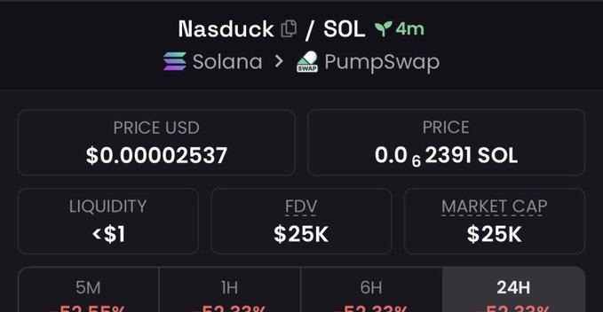 A cryptocurrency tracking screen for the token "Nasduck" on Solana via PumpSwap, showing a price of $0.00002537, less than $1 liquidity, $25K market cap, and significant losses of -52.55% and -52.33% across various time periods.