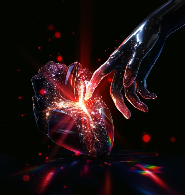 A surreal digital artwork depicting a glossy black hand reaching toward a glowing, crystalline red heart-like object that emits bright light rays and sparkles against a dark background.