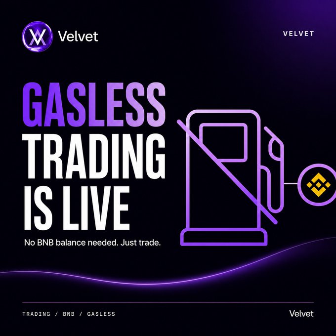 A purple promotional graphic for 'Velvet' announces 'GASLESS TRADING IS LIVE' with the subtitle 'No BNB balance needed. Just trade.' next to an icon of a gas pump with a slash through it.