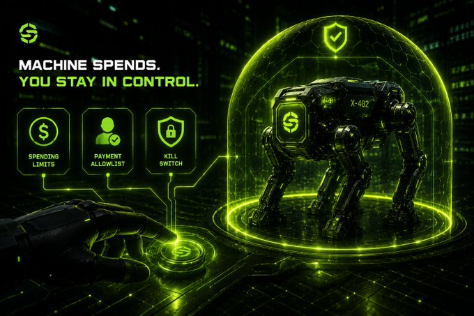 A green neon-styled promotional graphic reading 'MACHINE SPENDS. YOU STAY IN CONTROL.' featuring icons for 'SPENDING LIMITS', 'PAYMENT ALLOWLIST', and 'KILL SWITCH', alongside a robotic device labeled 'X-402' under a protective dome.