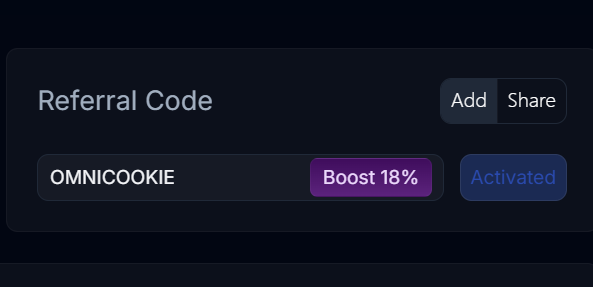 A dark interface showing an activated referral code 'OMNICOOKIE' offering an 18% boost.