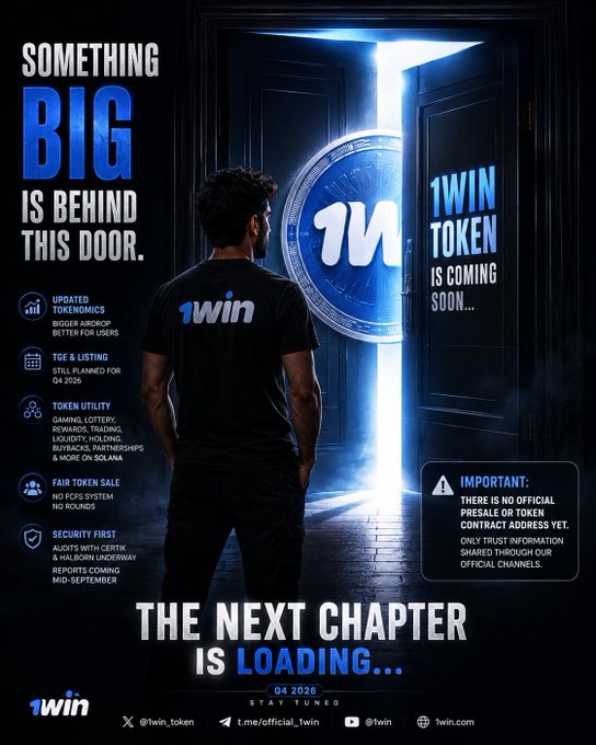The image is a promotional teaser for the 1WIN Token, featuring a man facing a glowing doorway with the 1win logo, accompanied by text reading "Something Big Is Behind This Door," "1Win Token Is Coming Soon," and "The Next Chapter Is Loading... Q4 2026." It highlights key updates such as improved tokenomics, a bigger airdrop, TGE & listing planned for Q4 2026, and token utility features like gaming, lottery, and DeFi partnerships, aligning with the post's recap of the latest 1winPro Token AMA discussions.