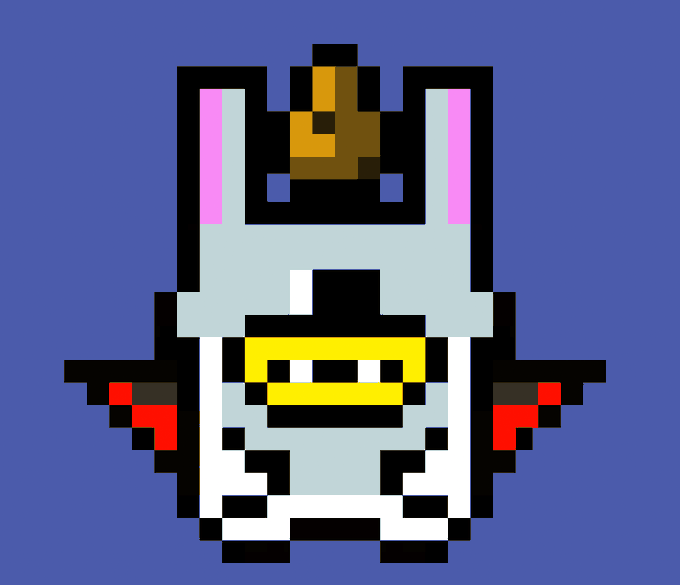 A pixel art illustration of a character wearing a white rabbit-eared helmet, with a brown face, yellow scarf, and small red wings against a solid blue background.