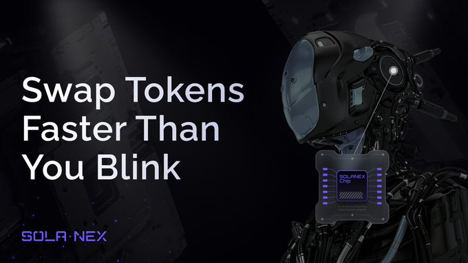 The image features a robot with a head, arms, and legs standing against a black background. The text "Solanex leverages the full power of Solana to eliminate delays between decision and execution!" is displayed above the robot's head. This suggests that the robot might be related to cryptocurrency or blockchain technology, as Solana is known for its fast transaction processing capabilities.