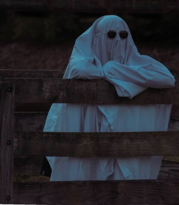 A spooky figure draped in a white sheet wearing sunglasses leans on a wooden fence in a dimly lit setting.