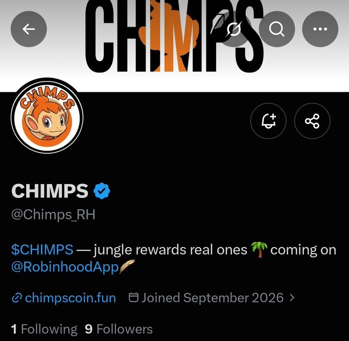 A screenshot of the X (Twitter) profile for "CHIMPS" (@Chimps_RH), featuring a verified blue checkmark, a cartoon monkey logo, the ticker $CHIMPS, a link to chimpscoin.fun, and showing 1 Following and 9 Followers. The bio references Robinhood rewards, and the accompanying post promotes the project as an "Early Alpha" with a wallet checker at chimpscoin.fun/#checker.