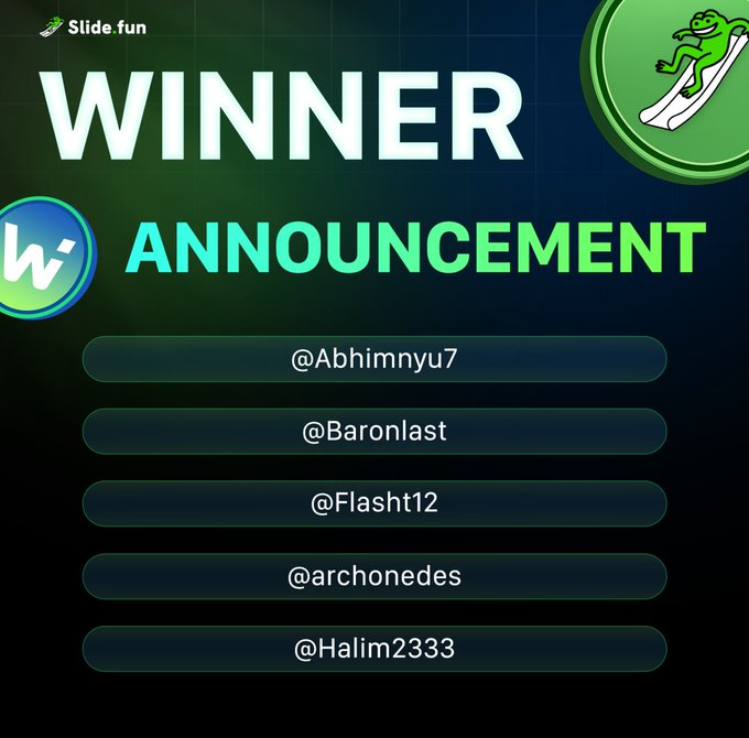 A 'Winner Announcement' graphic from 'Slide fun' listing five winners: @Abhimnyu7, @Baronlast, @Flasht12, @archonedes, and @Halim2333.
