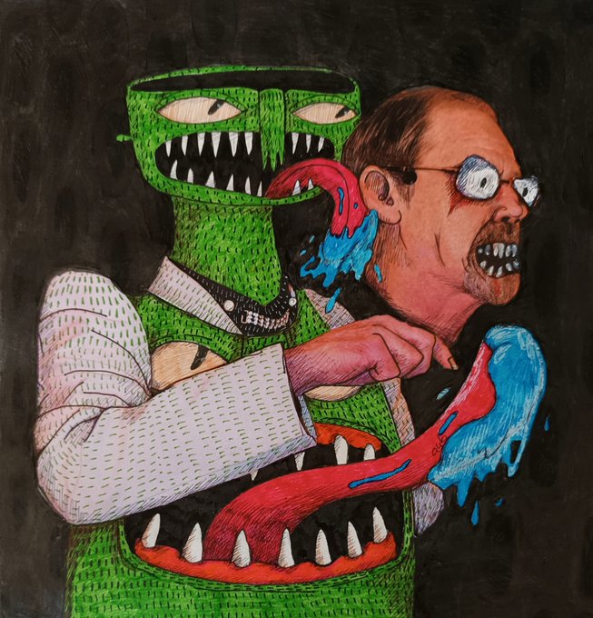 Disturbing illustration showing a person being devoured by a green multi-mouthed creature, with blue and red fluids dripping from the victim's face.